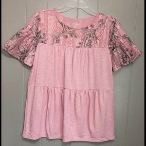 Boho Pink Lace Tiered Ruffle Baby Doll Top M